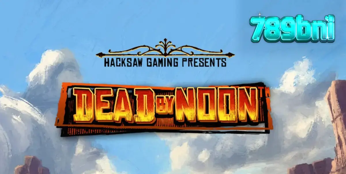 Tampilan visual slot Dead by Noon dengan latar belakang kota Wild West yang berdebu dan gulungan yang menampilkan simbol bertema koboi.